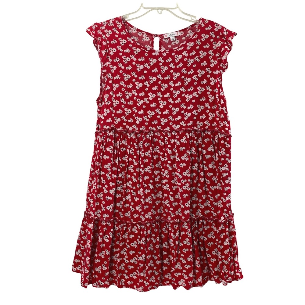 LLove Tiered Dress Womens Large Red Floral Cottage Boho Summer Flutter Sleeve